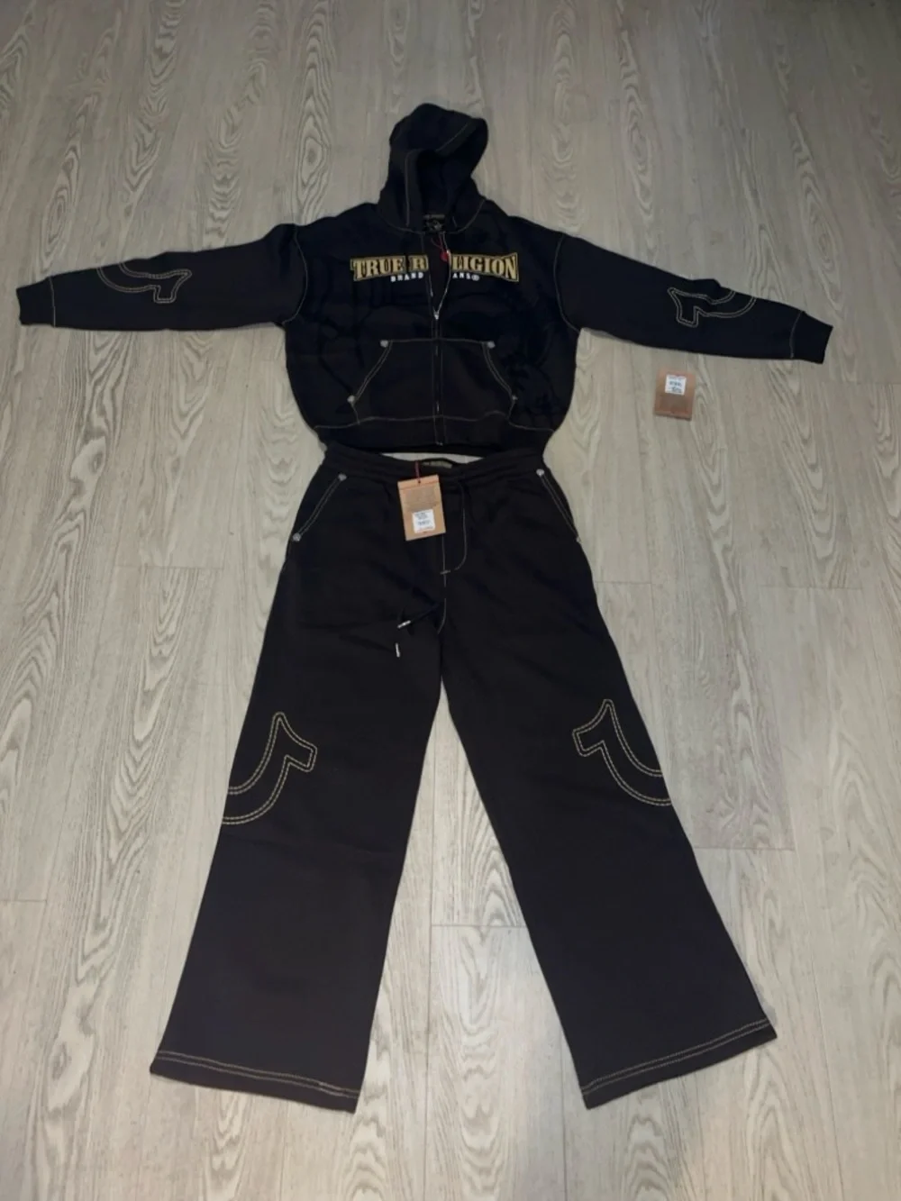 True Religion Black Wide-Leg Hoodie and Sweatpants Set with Gold Stitching